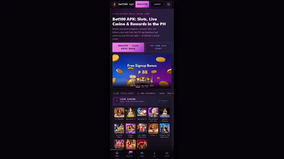 bet100 apk homepage snapshot