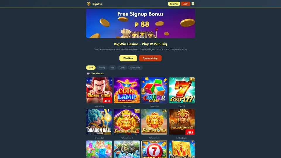 bigwin casino homepage snapshot