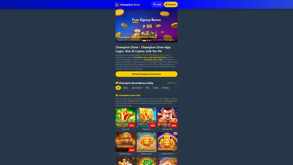 champion zone homepage snapshot