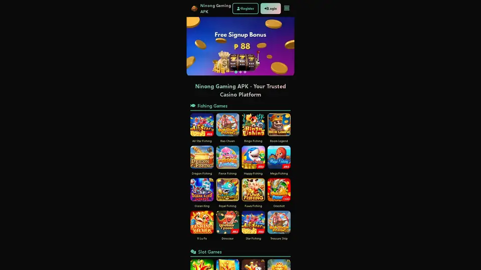 Ninong Gaming APK homepage snapshot