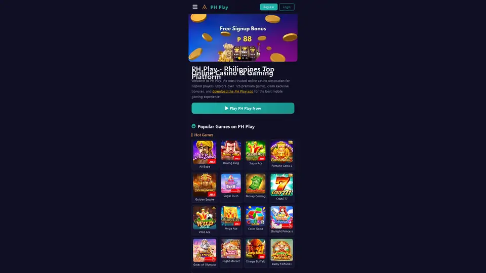 PH Play homepage snapshot